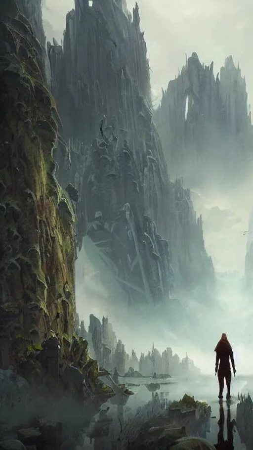 Prompt: fantasy concept art by greg rutkowski, hooded figure discovers overgrown city from an ancient civilization, rugged jungle landscape, gestural oil painting style, floating sky islands, cinematographic morning light, floating glowing rock islands, sea in the background, artstation hq, seen from a person's perspective