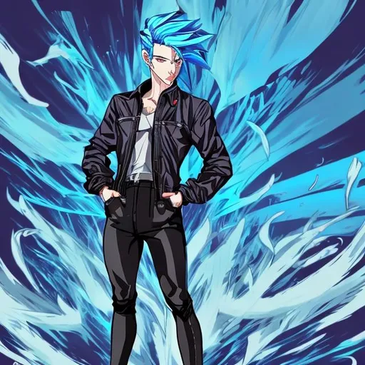 Prompt: a 29 year old anime style male with slicked over blue hair, a smirk, a black cotton button up, black skin tight latex leggings, and black heeled boots