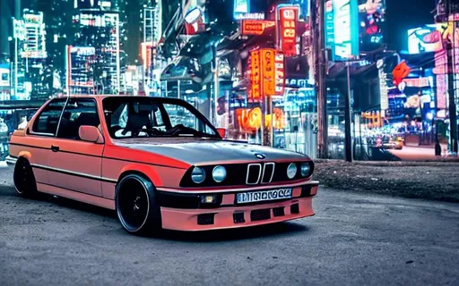 Prompt: customised bmw e30 with widebody with 5 spoke realistic wheel.  at night under a bridge, in a futuristic dark cyberpunk city with futuristic skyscrapper and building  full of neon light and comercial writings in the background.