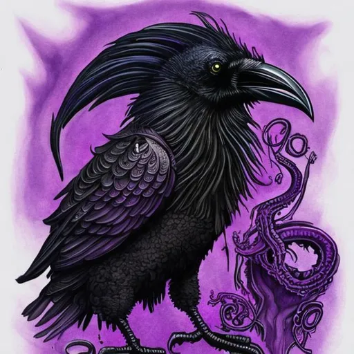 Prompt: mostly black and a bit of purple lovecraftian style raven bird tattoo