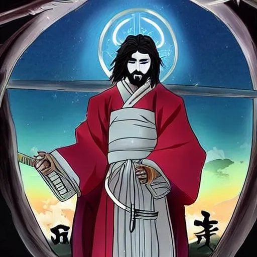 Prompt: Anime Samurai Jesus Christ as depicted in the book of  revaltion coming out of heaven gathering his chosen to ride against the enemy Satan 