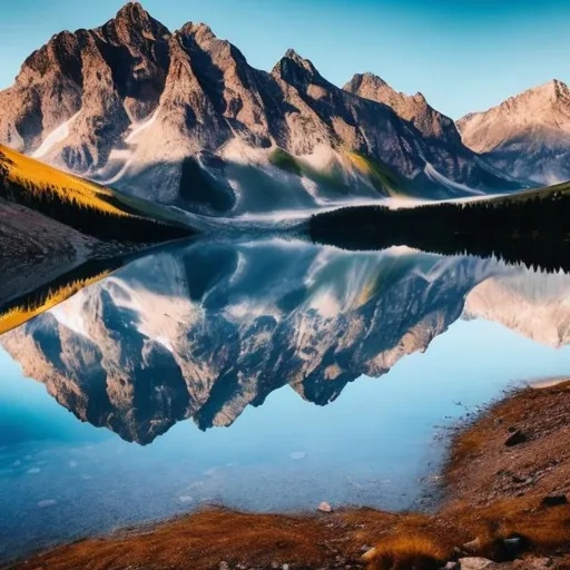 Prompt: A reflection in water of mountains