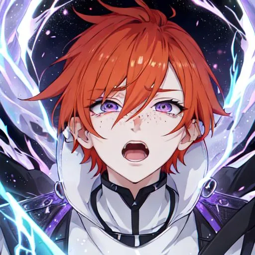Prompt: Erikku male adult (short ginger hair, freckles, right eye blue left eye purple) UHD, 8K, Highly detailed, insane detail, best quality, high quality,  anime style, in purgatory, yelling, upset, crying out for help