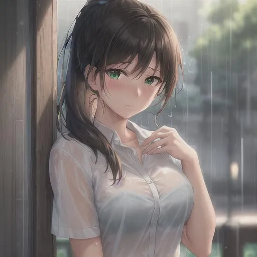 Prompt: Masterpiece, High quality, HDR, Professional, fine detail, perfect, fit lady wearing wet clothes, rain and storm, leaning against wall, brown intricate stray ponytail, cute and shy face, small lips, green eyes, solo, portrait, Anime by makoto shinkai, bokeh, blushing, unbuttoned short-sleeve shirt
