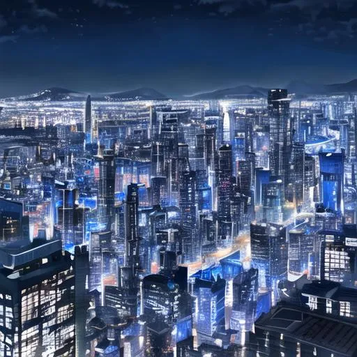 Prompt: Blue city landscape, nighttime, modern architecture, skyscrapers, mountain background 