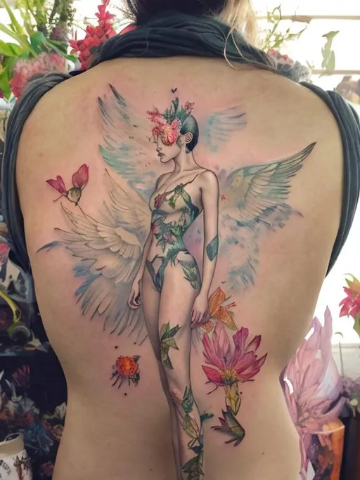 Prompt: Figure model with wings inside a circule and a background full of botanical flowers, tattoo, watercolor