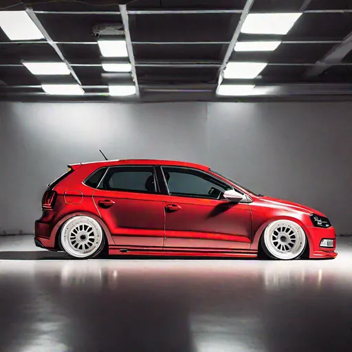 Prompt: slammed vw polo with white vossen wheels, glossy red, product studio shot, on a white background, diffused lighting, centered.