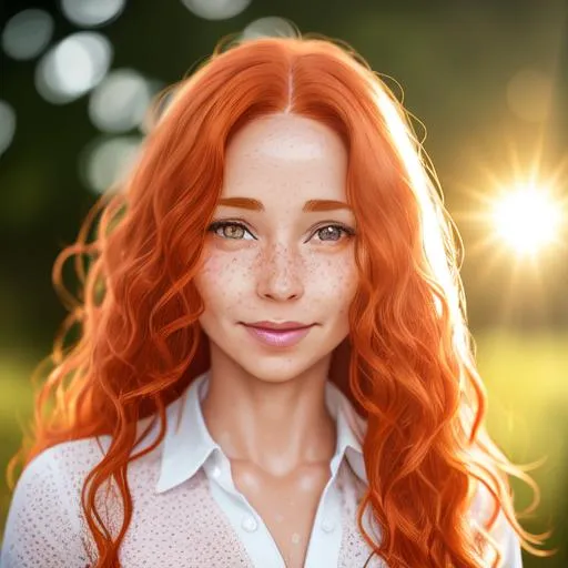Prompt: Portrait of Ginger light skinned freckled woman, freckles, turned up small nose, long wavy ginger wet hair, delicate lips, cute face, pure, sweet smile ((white open shirt)), ((shy)), sun from behind, sun on hair, 40 years old, thin, mature beauty

Ultra high definition, stylized picture, highly detailed, intricated, 8K, filigree 