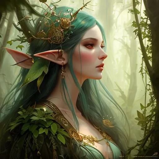 Prompt: . a FOREST ELF WITCH .art by tom bagshaw, artgerm, Karol bak, Jeremy Mann, Willem haenraets, Conrad roset. trending on Artstation, intricate, highly detailed, crispy quality, dynamic lighting, hyperdetailed and realistic.