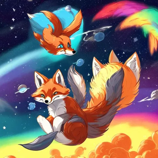 Prompt: fox and cat in space playing in a rainbow asteroid field rocket ship

