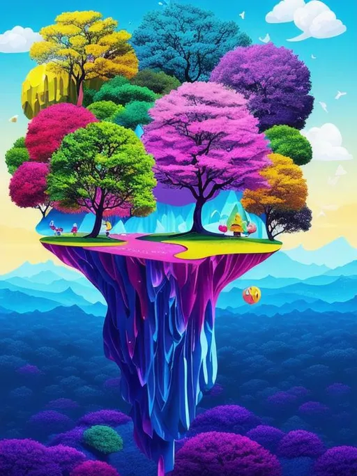 Prompt: “Create a vibrant and surreal landscape depicting a world where gravity behaves differently, where floating islands and upside-down trees are suspended in the sky, and colorful creatures with whimsical features roam freely. Let your imagination run wild as you explore the concept of a gravity-defying realm filled with enchantment and wonder. Use a mix of bold and ethereal colors to bring this surreal world to life, and let the artwork inspire a sense of curiosity and awe in the viewer.”