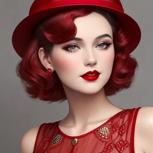 Prompt: a pretty girl  dressed in red, wearing a  large red hat 1920's era, bob hair cut, 1950's era makeup, facial closeup