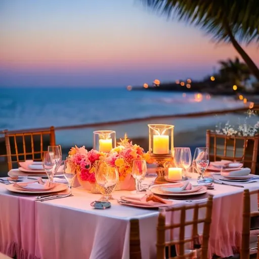 Prompt: Picture a lovely, enchanting evening by the ocean. A gentle breeze sways the palm trees, and the setting sun paints the sky with beautiful shades of pink and orange. On a secluded, softly lit beach, a man and a woman sit at a beautifully set table for two. The table is adorned with elegant tableware and a bouquet of fragrant roses. They are both dressed stylishly, with the man in a well-fitted suit and the woman in a flowing, elegant dress.



Illustrate this moment in a highly detailed digital painting. Pay attention to capturing the expressions of joy and affection on the faces of the couple, as well as the interplay of light and shadow in this picturesque beachside setting. The image should convey the timeless beauty of love and the enchantment of a perfect date night.