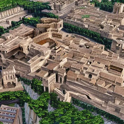 Prompt: An old roman city with the castle on top and market on bottom, people walking, eagle view, highly detailed, beautiful, creative, immersive, amazing, 4k HD Quality