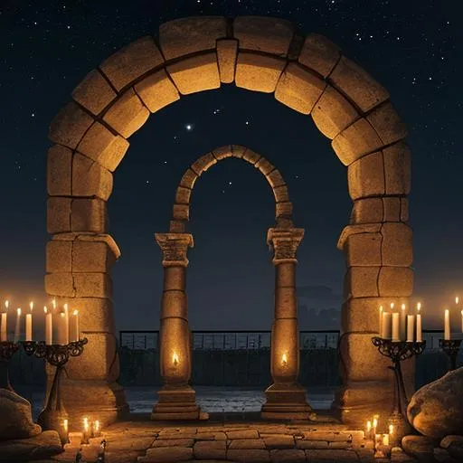 Prompt: ancient arch structure, dark night, candles, intricate details