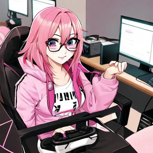 Prompt: Gamer girl with pink hair and glasses, sitting at gaming desk