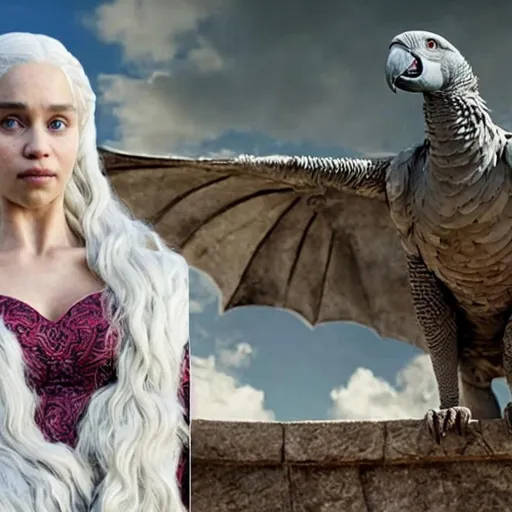 Prompt: Centered shot of Daenerys Targaryen, next to a next to a giant, hyper-realistic 3D rendering physical rendering of a puffy-feathered, Timneh-African-Grey parrot with large round eyes and white face feathers. Cinematic element.