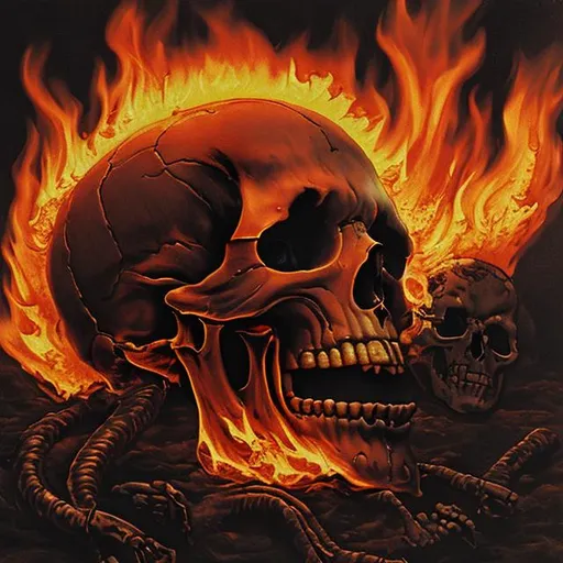 Prompt: love of death in a flaming skull