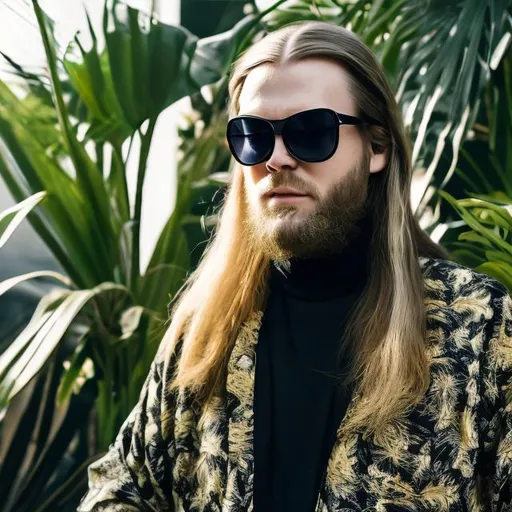 Prompt: Norwegian DJ with long hair and a long beard. He is wearing a black turtle neck and gold necklace. Danish modern house with tropical plants. He is wise and young. Star sunglasses.