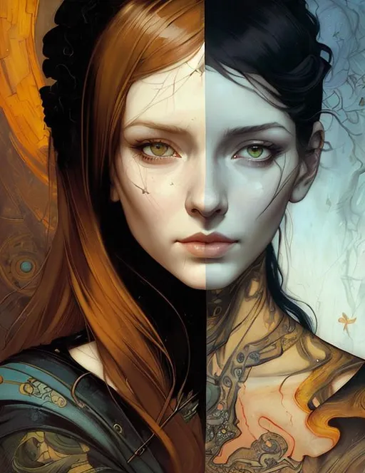 Prompt: Shadows intertwine, revealing hidden depths within the human psyche. detailed by artgerm, Esao Andrews, Arthur Rackham, Van Gogh, Catherine Abel, catrin welz-stein, Bernard Buffet, highly detailed oil painting, portrait of a beautiful person, art by Charlie Bowater, Atey Ghailan and Mike Mignola, Highly detailed oil painting, airbrush painting, hd. Gradient crossed colors, metallic Watercolors and ink. 3d, extremely detailed, super clear resolution, iridescent polished finish glow. art by water wash painting, color smoke brushes, steading, 