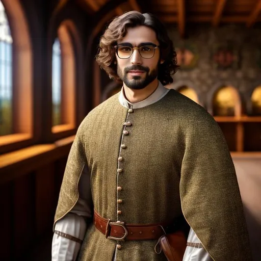 Prompt: 4k ultra high res highly detailed image of a highly detailed a medieval bank with a neatly dressed medieval man wearing spectacles