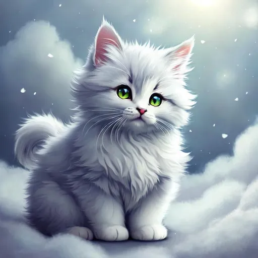 Prompt: Cute, very, very, light gray, fluffy, fantasy light kitten, with cloudy, white eyes, very, light, light, gray fur, and possessing the element of air and making circles of clouds and air move around in the air in a magical way, in a space background. Perfect features, extremely detailed, realistic. Krenz Cushart + loish +gaston bussiere +craig mullins, j. c. leyendecker +Artgerm.