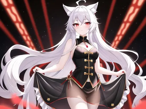 Prompt: masterpiece,8k wallpaper, best quality,extremely delicate and beautiful girls，noble
solo，Anime cute sliver hair, wolf ears，
red eyes, Ahoge, Medium hair,white hair, glowing eyes
Floating hair, ,Pale skin
Age:18,height:170, 
 black chinese cloths,skirt,
black see-through legwear,
necklace,full body
alien planet,sunset, twisted african trees, space art, cg society contest winner, solar flare unreal engine, stunning visuals with rtx on
