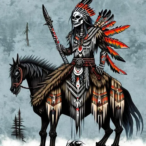 Prompt: Dark creepy native American skeleton clothes it aged tribal gear riding a horse dragon with colourful tribal paintings on it. Sorounded by dark sinister pine forest
