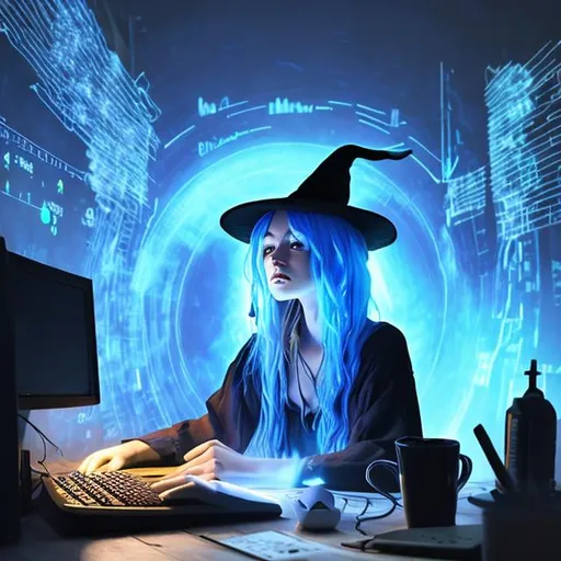 Prompt: Witch with blue hair in the dark huddled over a computer showing  data 