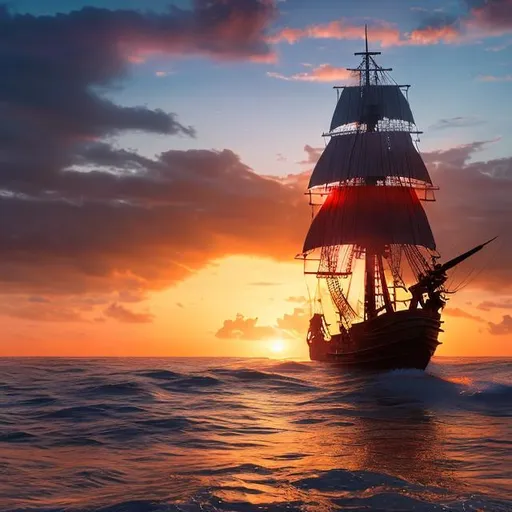 Prompt: A pirate ship sailing across the vast ocean at dawn
