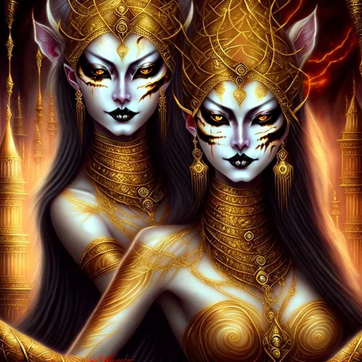 Prompt: ((High quality)) ((photorealistic)) hauntingly beautiful macabre painting , Tiger goddess empress wearing magical garb, golden eyes, crisp portrait, shiny skin, pale ivory skin, lustrous hair, slender toned body, graceful elegance,mesmerizing gaze,Gothic architecture, labyrinthine city, a faint crimson glow,