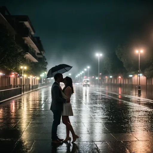 Prompt: A man and women kissing in the rain