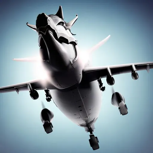 Prompt: A plane with horse head at the front in the air