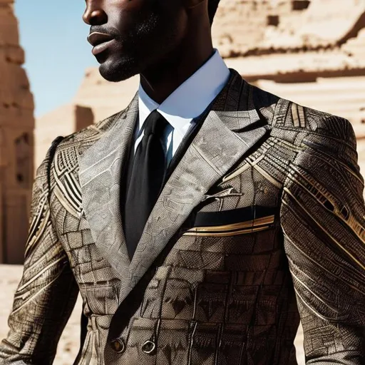 Prompt: A black men's suit filled with pharaonic inscriptions mixed with a modern cut with Italian elegance