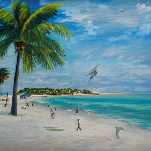 Prompt: an oil painting of the beach at key west Florida at noon with dolphins jumping out of the water