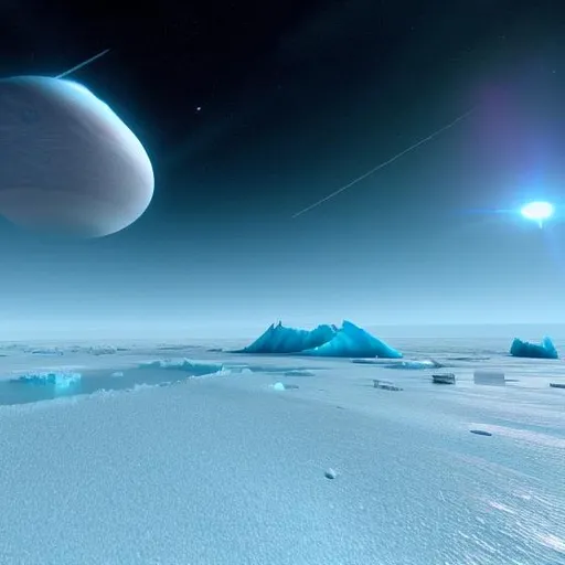 Prompt: Frozen wasteland of a planet, surrounded by Binary Star System its forever Daylight. Enormous Glaciers mile's High, Mountain peaks as sharp as knives, Ailean creatures suited to that environment of cold 