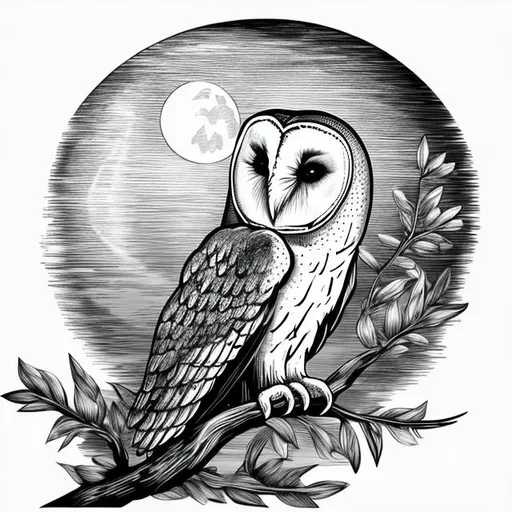 Prompt: A barn owl under the moonlight on a branch black  and white drawing logo