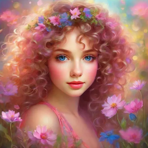 Prompt: a young fairy of spring, very curly hair, pink glow on cheeks,wildflowers, vivid colors, closeup