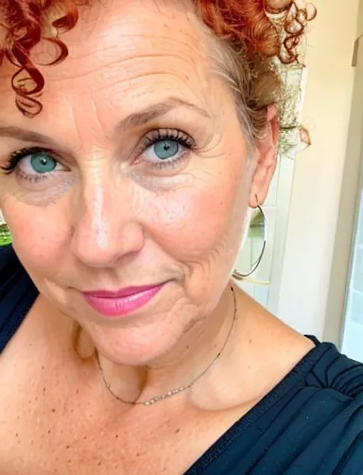 Prompt: RAW photo, woman, 50 years old, wearing a light summer dress, red curly hair, green eyes, symmetrical, oval face, pointy chin (high detailed skin:1.2), 8k uhd, dslr, soft lighting, high quality, film grain, Fujifilm XT3