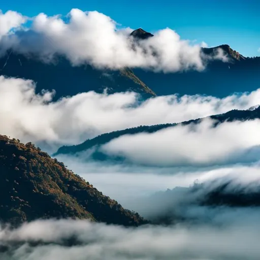 Prompt: Beautiful mountain scenery and blends with the clouds. An imaginary world, a beautiful one 