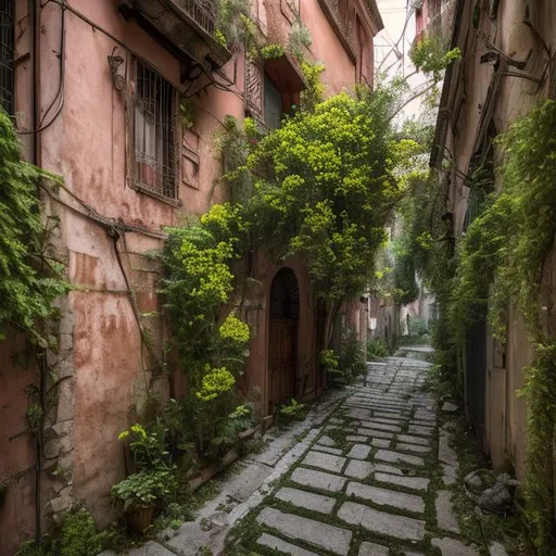 Prompt: A smal alley in an old italian town, houses overgrown with blooming Jasmine, lots of details, photorealistic, UHD, 8K