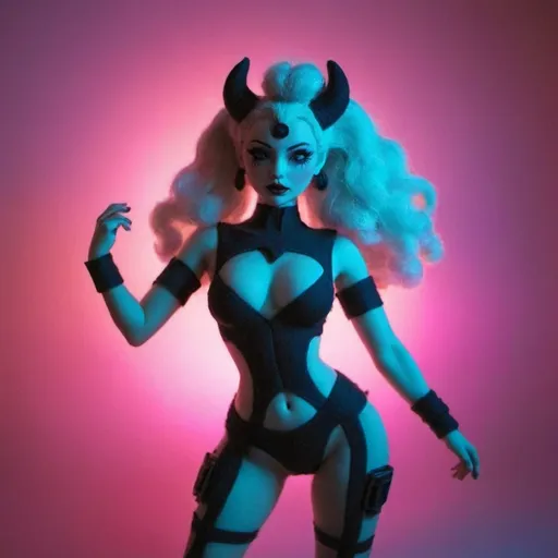 Prompt: a beautiful female demon in a dynamic pose in a retro futuristic synthwave cyberpunk neon paradise.  neon lighting, high quality, beautiful, synthwave, cyber, retro, futuristic