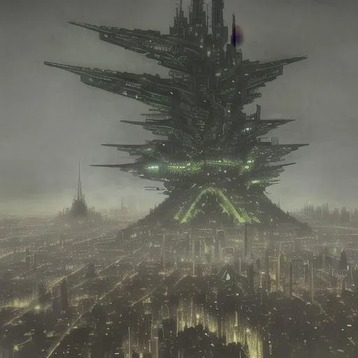 Prompt: Dystopian city rooftops with giant towers in the distance, beksinski style, cyberpunk, dark-green colours, night