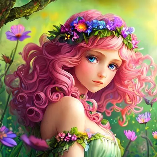 Prompt: a youngfairy goddess of spring, very curlsy hair, pink glow,  wildflowers, vivid colors, closeup