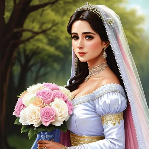 Prompt: a 30 year old  bride wearing royal costume and holding flowers, soft pastel color, detailed, 8k