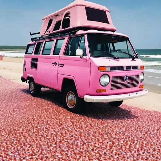 Prompt: Pink Westfalia on a Texas beach, route 66