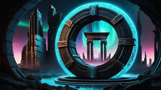 Prompt: magical portal between cities realms worlds kingdoms, circular portal, ring standing on edge, upright ring, freestanding ring, hieroglyphs on ring, complete ring, ancient roman architecture, atlantis setting, blue aurora borealis, panoramic view, dark night, futuristic cyberpunk tech-noir setting