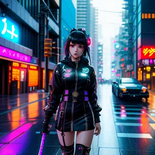 Prompt: hyper realistic, cyberpunk girl, anime, cute, full body, Oni mask, cyberpunk city at night, dramatic, action pose, katana in hand, 8k, post apocalyptic cyberpunk world, raining, street view, grungy style, face exposed, intricate detail, dark sky, wires littering buildings, high skyscrapers, realistic body, busy streets, symmetrical face, perfect features, strong body type, KDA art style, protagonist, 