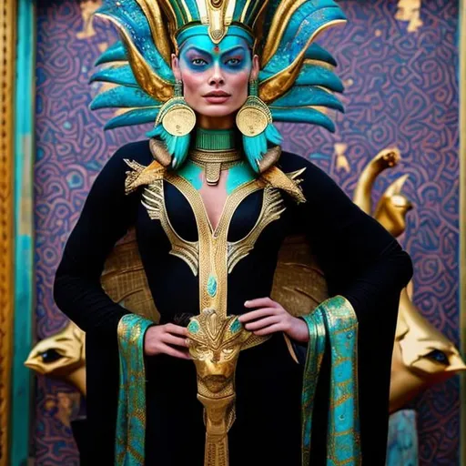 Prompt: beautiful margot robbie, pharoah, turquoise robe with gold leaf, blue, green, gold, facepaint