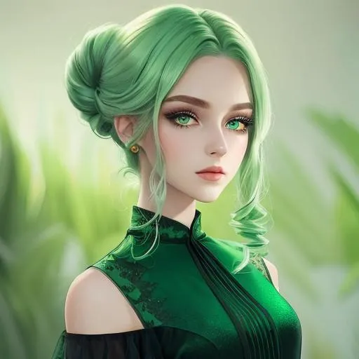 Prompt: A beautiful woman, beautiful face, stunning green eyes, ombre gradient green hair, delicate dress 